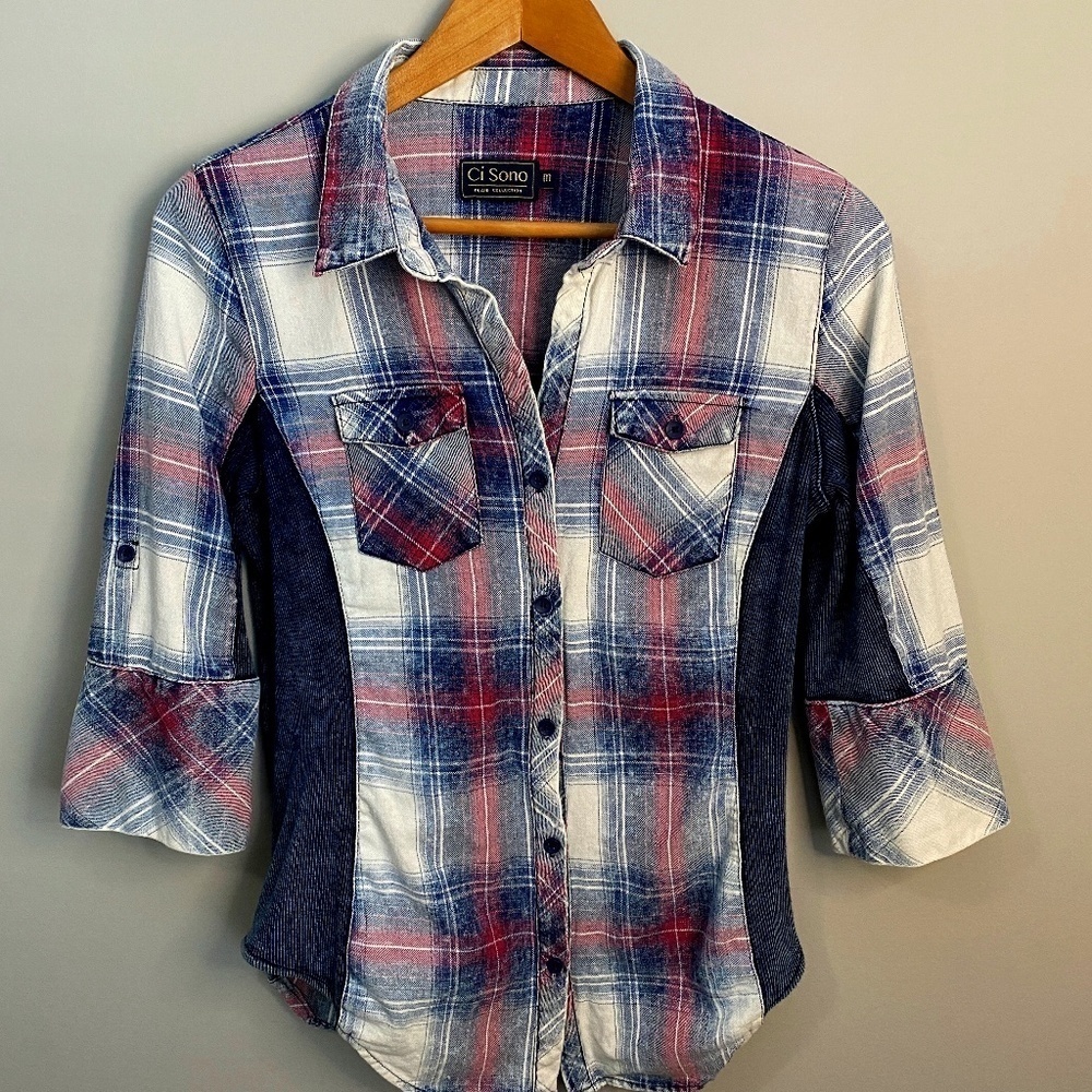 Ci Sono Women's Plaid Button-Up Shirt - Red, Blue, and White